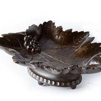 Carved Black Forest musical fruit bowl as vine leaf with rich dark patina