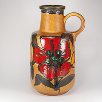 Scheurick West German Fat Lava Poppy Floor Vase, Brown ground with bright red poppy and yellow flowers, Form 480