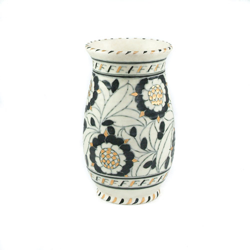 Charlotte Rhead Art Deco Vase in Tudor Rose Pattern 5393, white snowy graound and black and gold flower pattern and rim decoration in tube linning