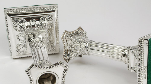 English solid silver James Dixon corinthian column candlesticks