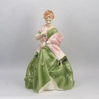 First Dance 3629 by Royal Worcester, young girl in green skirt with pink shawl trimmed in black