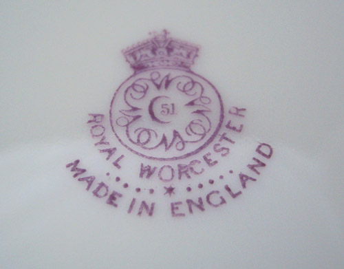 Early Puce royal Worcester Backstamp on white china