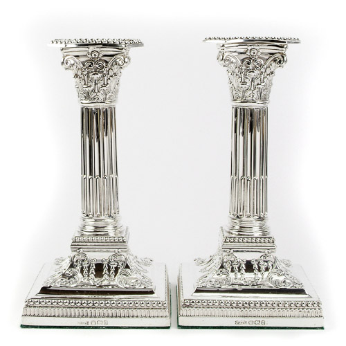 James Dixon and Sons Sterling Silver Square Base Corinthian Column Candlesticks