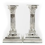 Neoclassical Sterling Silver Square Base Corinthian Column Candlesticks by James Dixon & Sons