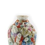 gilt flat lip with 19th century fill and opaque glassy white enamel, to bottom right Laughing Lion Lohan Vajraputra can be seen with a playful lion cub, enamelled in light green, leaping over his shoulder