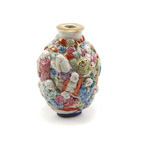 Antique eighteen lohan moulded porcelain snuff bottle with Qianlong famille rose colours of yellow, blue, pink, coral red, light green,