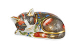 Catnip sleeping kitten in russet and grey, with blue and 22 carat gold overlay catnip plant