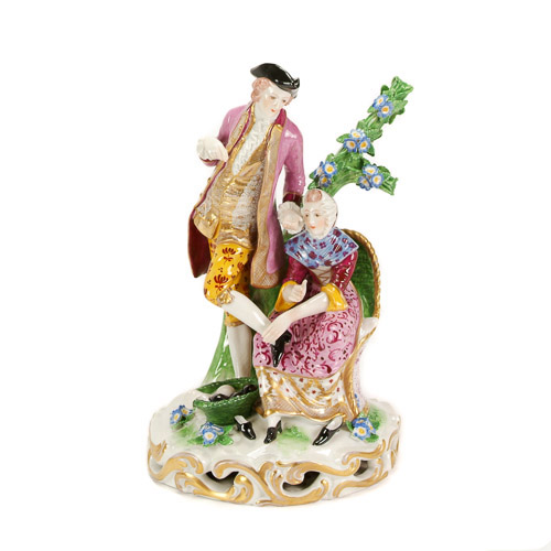 Samson Decorative Ceramic Porcelain Figure Group of 18h century Chelsea Gold Anchor model, showing a lady cleaning a gentlemans shoes in 18th century costume