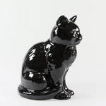 right side vies of balck cat showing tail curled around to the side