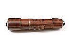 Sniper ww2 telescope leather clad body retracted and buckled together with objective lens and eyepiece leather caps.