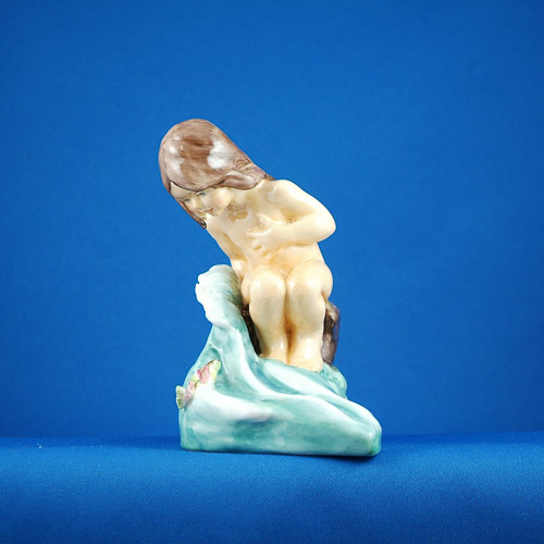 Royal Worcester August, porcelain figurine of girls on rock with a colourful leaping fish
