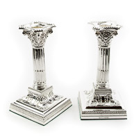 Pair of English Neoclassical Corinthian Column solid silver candlesticks